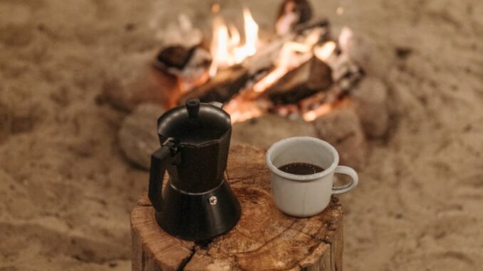 Survie en voyage Un cadre serein autour d'un feu de camp avec café et cafetière moka sur une bûche de bois, parfait pour les amoureux du plein air.
